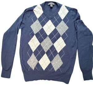 Harrison Davis Mens Navy Blue Argyle V Neck 100% Merino Wool Sweater Large